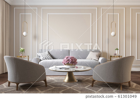 Classic beige interior with armchairs, sofa, coffee table, lamps, flowers and wall moldings. 3d render illustration mockup. 61301049