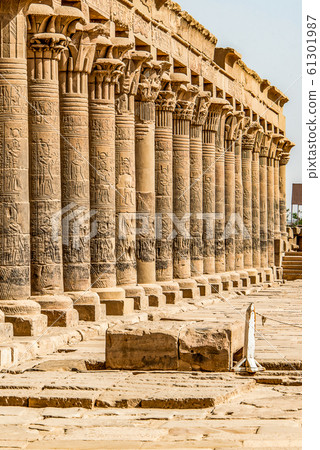 Columns in the temple of Isis from Philae at its current location on Agilkia Island in Lake Nasser, Egypt 61301987