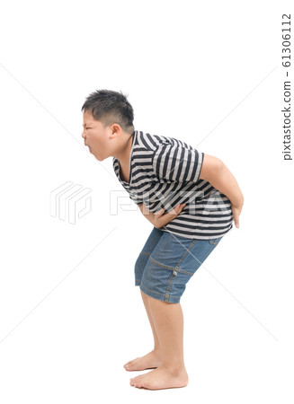 Obese boy having a severe stomach ache and 61306112