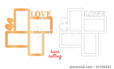 Frame for photos with inscription Love for laser cutting. Collage of photo frames. Template laser cutting machine for wood and metal. The perfect gift for St. Valentine's Day or Wedding day. Frame for photos with inscription Love for laser cutting. Collage of photo frames. Template laser cutting machine for wood and metal. The perfect gift for St. Valentine's Day or Wedding day. 61306832