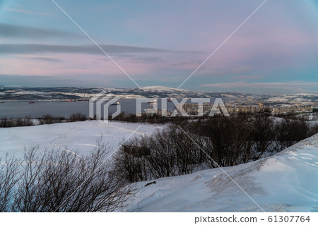 Russia. Murmansk. Winter views of the city and the Kola Bay from high hills in the vicinity of Murmansk. 61307764