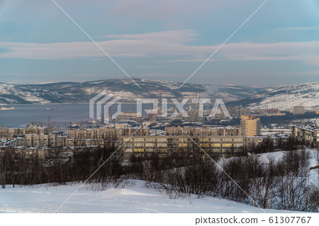 Russia. Murmansk. Winter views of the city and the Kola Bay from high hills in the vicinity of Murmansk. 61307767