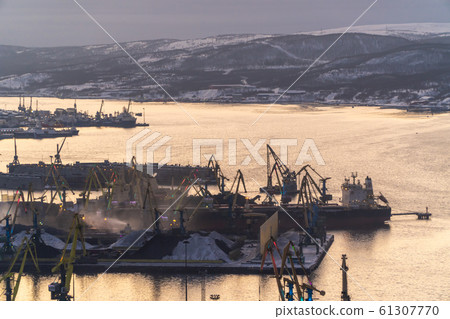 Russia. Murmansk. Winter views of the city and the Kola Bay from high hills in the vicinity of Murmansk. Russia. Murmansk. Winter views of the city and the Kola Bay from high hills in the vicinity of Murmansk. 61307770