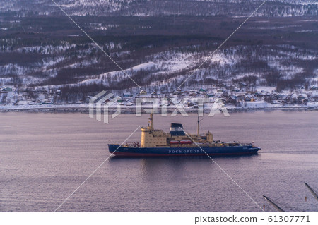 Russia. Murmansk. Winter views of the city and the Kola Bay from high hills in the vicinity of Murmansk. 61307771
