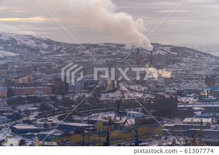 Russia. Murmansk. Winter views of the city and the Kola Bay from high hills in the vicinity of Murmansk. 61307774