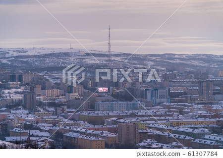 Russia. Murmansk. Winter views of the city and the Kola Bay from high hills in the vicinity of Murmansk. 61307784