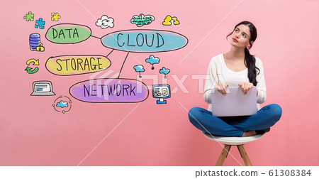 Cloud computing flowchart with woman using a laptop Cloud computing flowchart with woman using a laptop 61308384