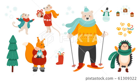 Winter holiday symbols bundle. Christmas celebration vector illustrations set. Cute animals isolated characters on white background. Winter holiday symbols bundle. Christmas celebration vector illustrations set. Cute animals isolated characters on white background. 61309322