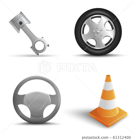 Realistic Set of car repair elements on transparent background. Traffic Cone, Tire, Steering wheel, Engine pistons. Vector Illustration Realistic Set of car repair elements on transparent background. Traffic Cone, Tire, Steering wheel, Engine pistons. Vector Illustration 61312400