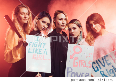 young caucasian girls fight together for their rights, feminism young caucasian girls fight together for their rights, feminism 61312770