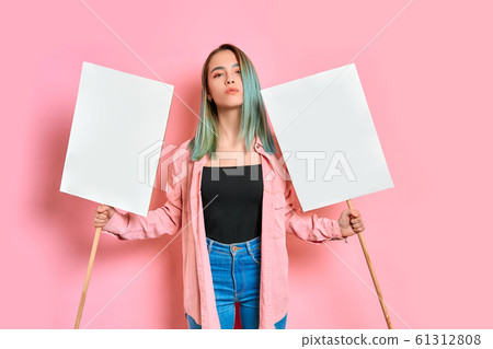portrait of beautiful caucasian girl with poster promoting feminism 61312808