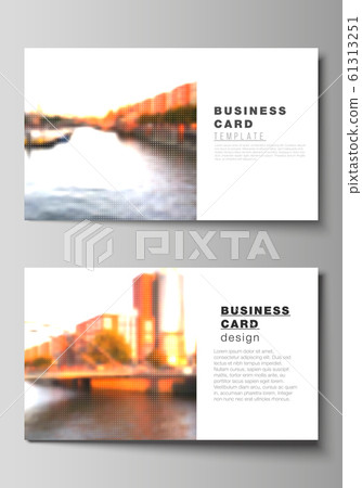 Vector layout of two creative business cards design templates, horizontal template vector design. Abstract halftone effect decoration with dots. Dotted pattern decoration. Vector layout of two creative business cards design templates, horizontal template vector design. Abstract halftone effect decoration with dots. Dotted pattern decoration. 61313251
