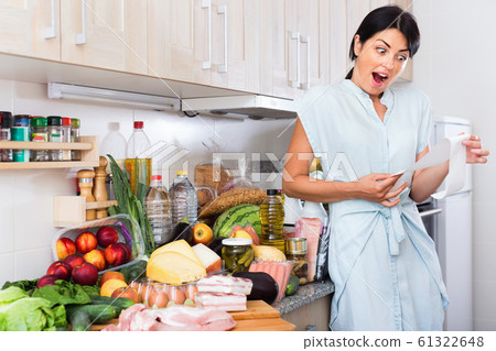 Woman is standing with check and is sading because of the prices of food Woman is standing with check and is sading because of the prices of food 61322648