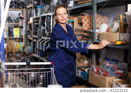 Woman in uniform posing in build shop Woman in uniform posing in build shop 61323233