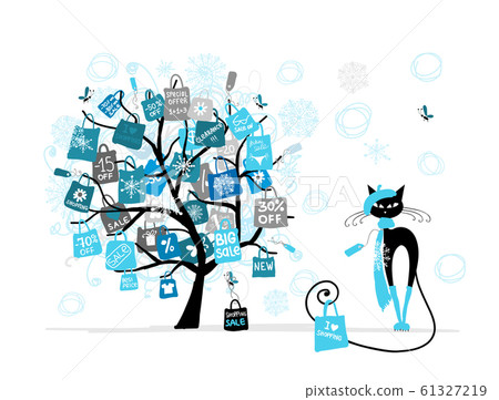 Christmas sale tree, fashion cat with shopping bag 61327219