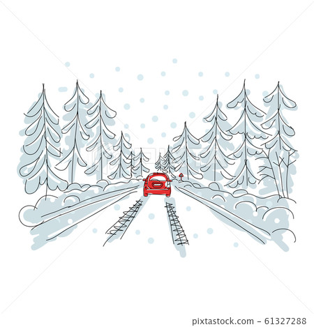 Red car on winter road, sketch for your design Red car on winter road, sketch for your design 61327288