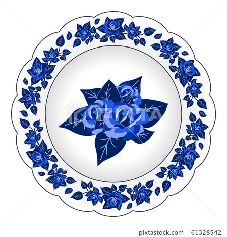 Decorative porcelain plate ornate with floral pattern. Isolated object, design with rose flowers and leaves, blue on white, top view. Vector illustration Decorative porcelain plate ornate with floral pattern. Isolated object, design with rose flowers and leaves, blue on white, top view. Vector illustration 61328542