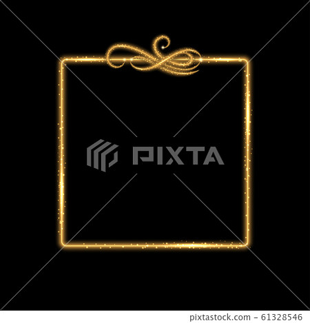 Gold square frame. Golden glow glittering effect, neon shine, light particles and star dust. Design element, border with vintage flourish. Isolated on black background. Vector illustration 61328546