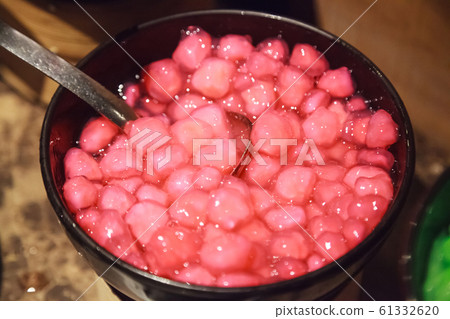 Tub Tim Krob, Traditional Thai Stuffed Water Chestnut normally eaten with Syrup and Coconut Milk. 61332620