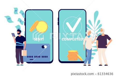 Sending money. Son sends money elderly parents. Mobile transfer payments, completed transaction. Caring man vector illustration 61334636