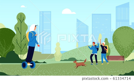 Friends greeting. Group teens meet in park, guys greet gesture. Happy friendship, youth walking with dog. Informal persons activity vector illustration 61334714