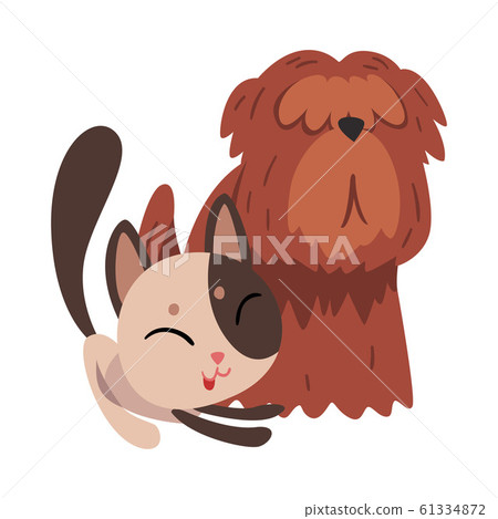 Funny Cat and Dog Playing Together, Cute Pets Animals Characters are Best Friends Vector illustration 61334872