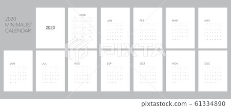 2020 Minimalist calendar. Simple black and white 2020 calendar, in A5/A4/A3 format. Week starts Sunday. Modern minimal desk or wall calendar. Easy to edit vector. Includes 2020 year at a glance page. 61334890