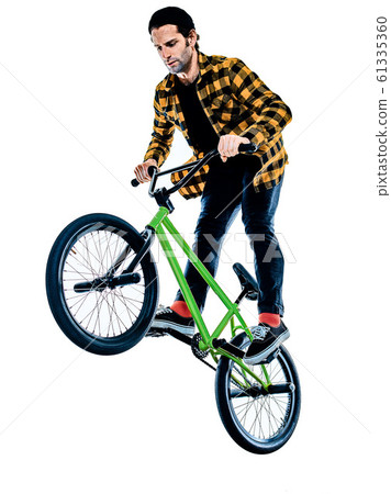 BMX rider cyclist cycling freestyle acrobatic stunt isolated white background 61335360