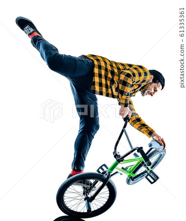 BMX rider cyclist cycling freestyle acrobatic stunt isolated white background 61335361