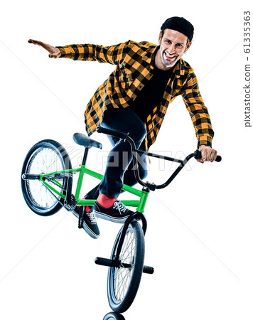 BMX rider cyclist cycling freestyle acrobatic stunt isolated white background 61335363