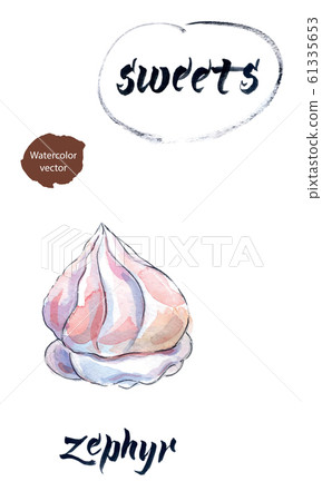 Pink or rose homemade sweet zephyr. Sweet marshmallow or zephyr, hand drawn watercolor illustration 61335653