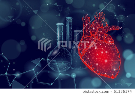 Heart science glass 3d medicine low poly concept. Triangle red pharmacy drugstore background. Modern drug treatment recovery meds vector illustration 61336174