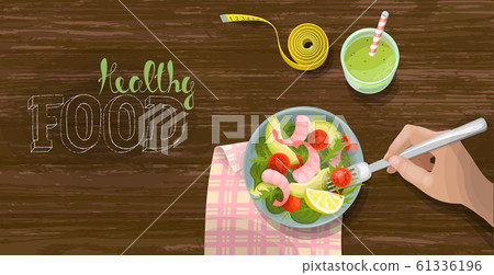 Vegetable and shrimp fresh salad bowl smoothie top view. Fitness ration diet measuring tape. Tomato, avocado, lettuce on wooden table background. Lettering healthy food vector illustration 61336196