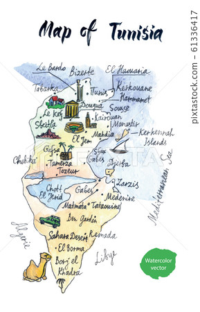 Cartoon map of attractions of Tunisia, hand drawn watercolor illustration 61336417