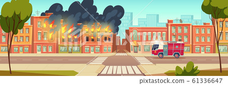 Fire in city house and fire truck on town road 61336647
