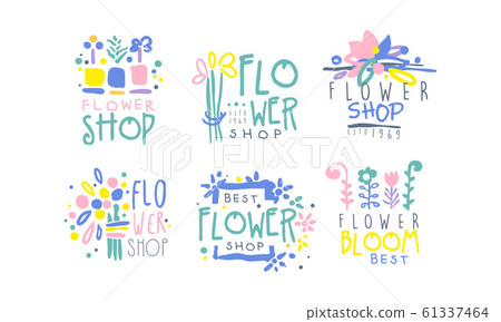 Best Flower Shop Retro Labels Collection, Colorful Hand Drawn Graphic Templates Vector Illustration 61337464