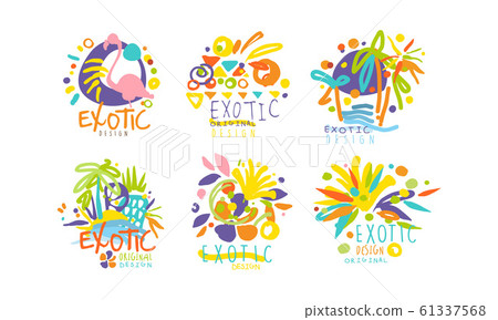 Exotic Original Design Labels Collection, Colorful Tropical Hand Drawn Badges with Birds and Plants Vector Illustration 61337568