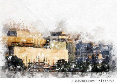 Abstract offices Building in the city on watercolor painting background. City on Digital illustration brush to art. Abstract offices Building in the city on watercolor painting background. City on Digital illustration brush to art. 61337892