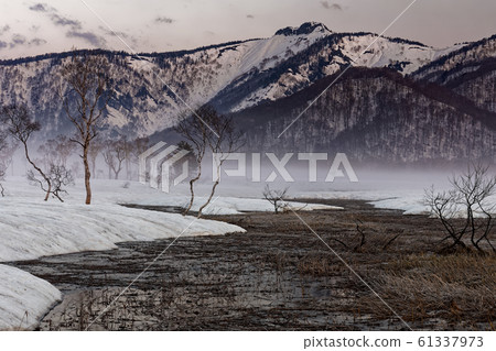 Ozegahara with the remaining snow flowing in the morning mist and Mt. 61337973