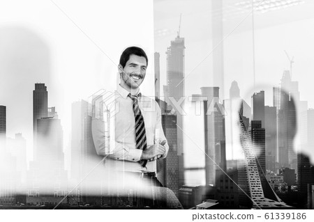 Confident company leader on business meeting against new york city manhattan buildings and skyscrapers window reflection. Confident company leader on business meeting against new york city manhattan buildings and skyscrapers window reflection. 61339186