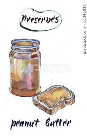 Glass jar with peanut butter and sandwich, hand drawn watercolor illustration Glass jar with peanut butter and sandwich, hand drawn watercolor illustration 61340039