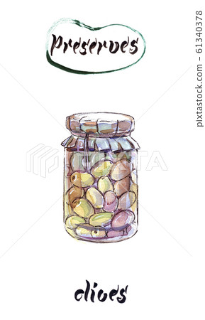 Preserved or marinated olives in glass jar, hand drawn watercolor illustration Preserved or marinated olives in glass jar, hand drawn watercolor illustration 61340378