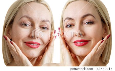 Comparison portrait of adult woman with and without makeup. 61340917