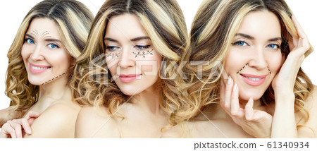Collage of adult woman faces with lifting arrows. Collage of adult woman faces with lifting arrows. 61340934