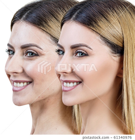 Adult happy woman before and after skin retouch or treatment. 61340976