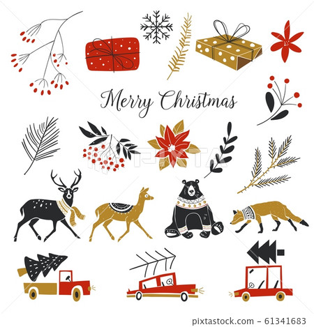 Winter icons. Set of New Year and Christmas silhouettes. Scandinavian style. Christmas set of plants with flowers, spruce branches, leaves and berries. 61341683