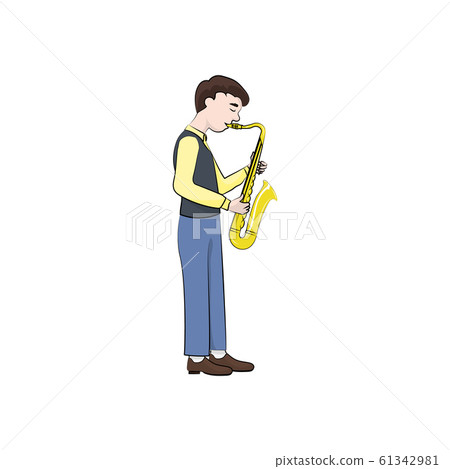 man (boy) plays the saxophone. Vector color illustration. 61342981
