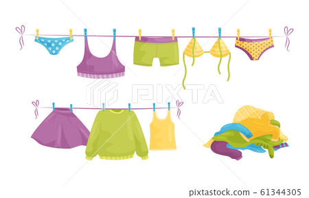 Laundry Resting in Basin and Clothing Items on Hanging Rope Vector Illustration 61344305