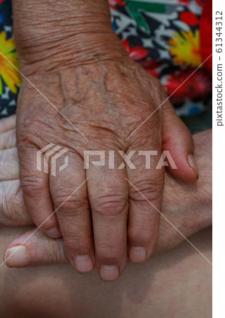 Aging old senior woman hands wrinkled skin 61344312