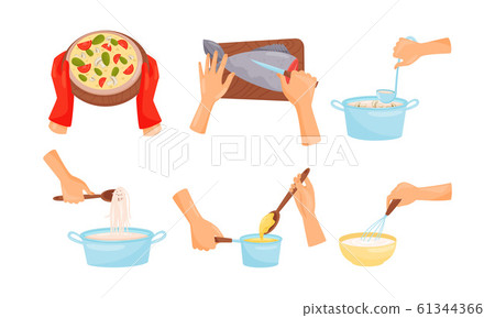Hands Holding Kitchen Items and Cooking Meal Vector Illustrations Set Hands Holding Kitchen Items and Cooking Meal Vector Illustrations Set 61344366